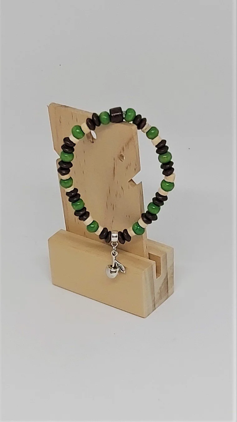 elastic Bracelet wood brown green silver apple AA858.jpg