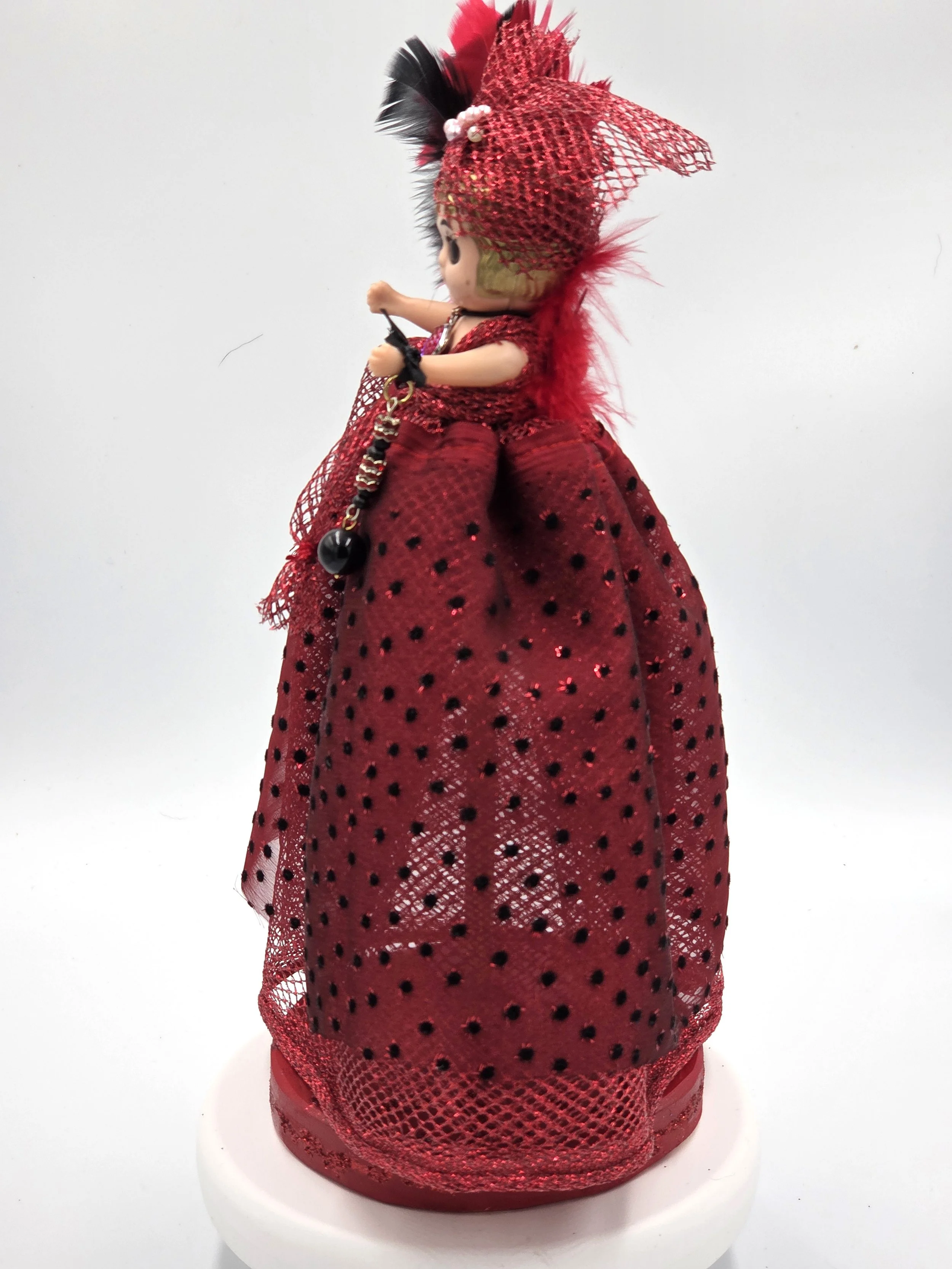 Carmen Figure: OOAK 30cm art doll in striking red and black shiny netting with a feather and pearl headdress.