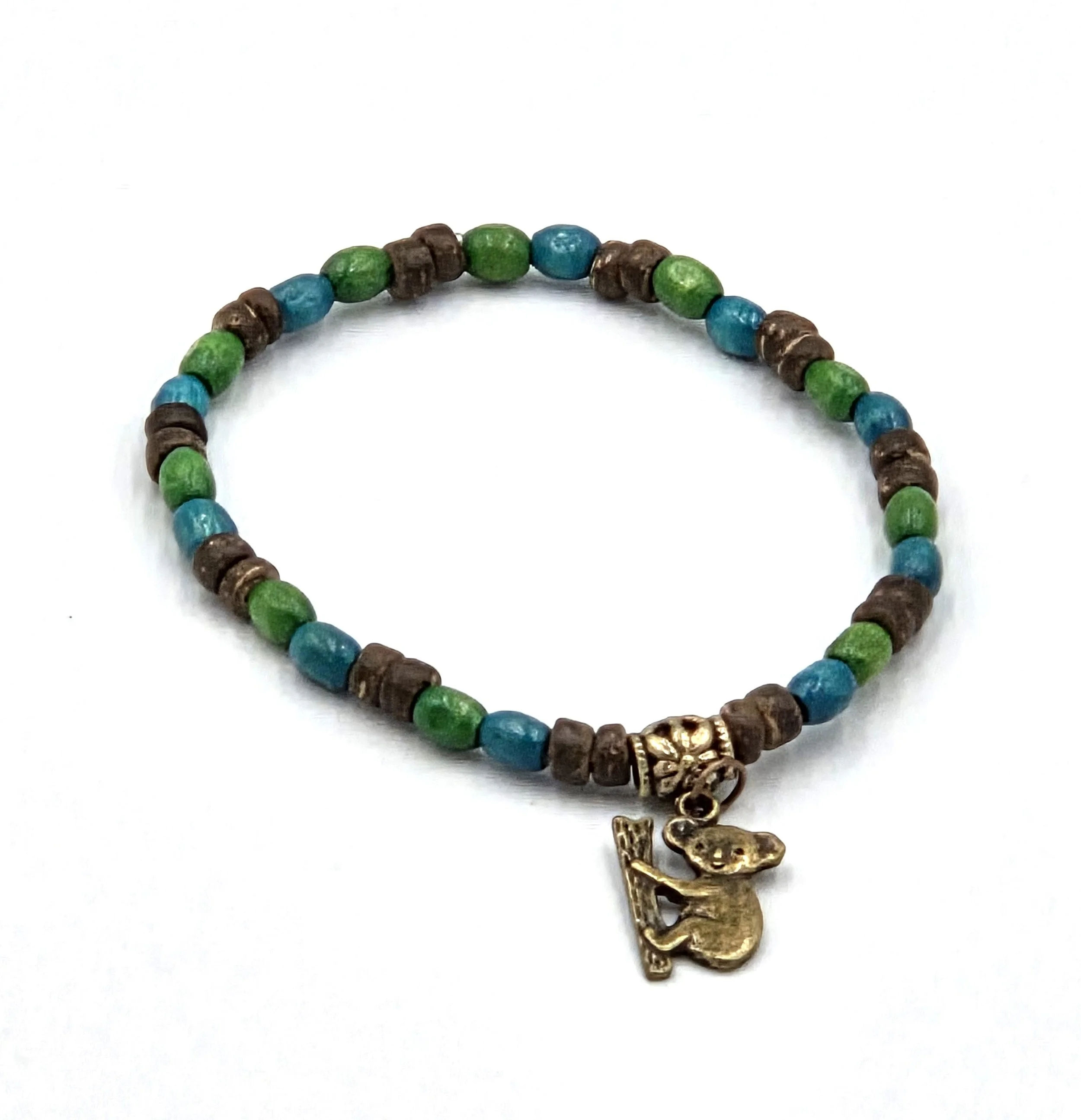 OOAK green and blue wood bead koala bracelet or anklet with coconut rondels.
