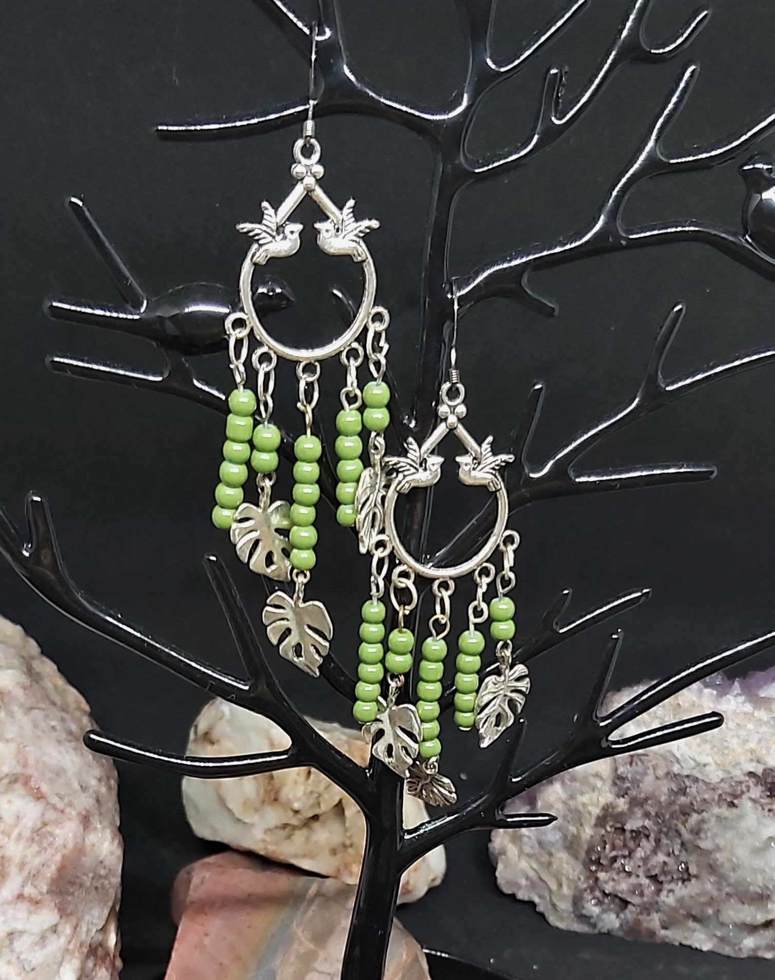 earrings Multidrop green glass & silver leaves & Bird hangers2.jpg