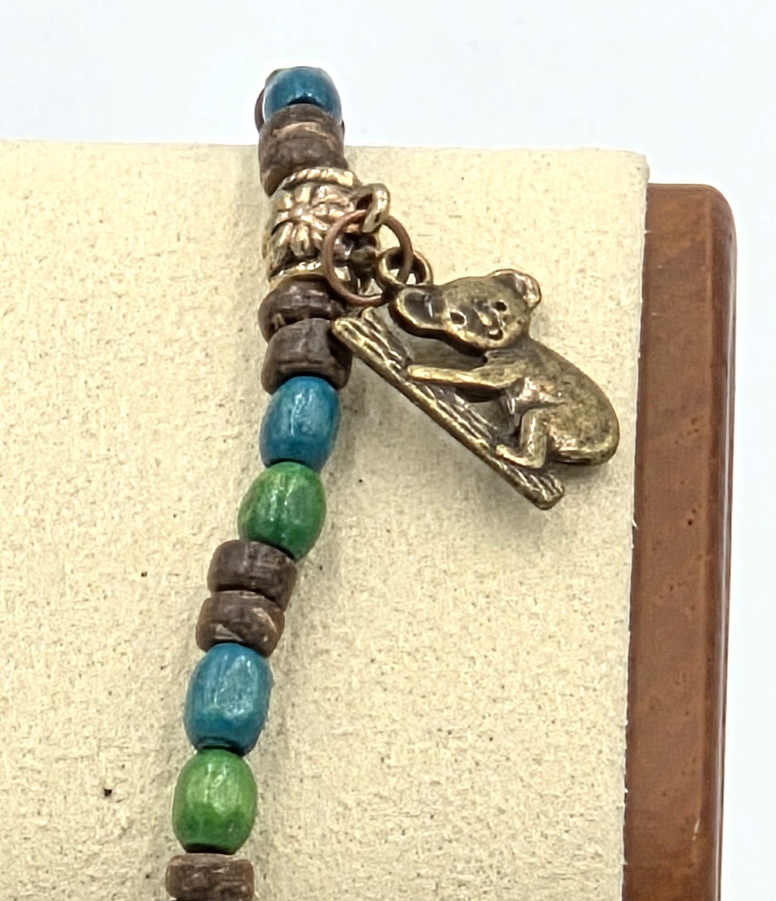 OOAK green and blue wood bead koala bracelet or anklet with coconut rondels.