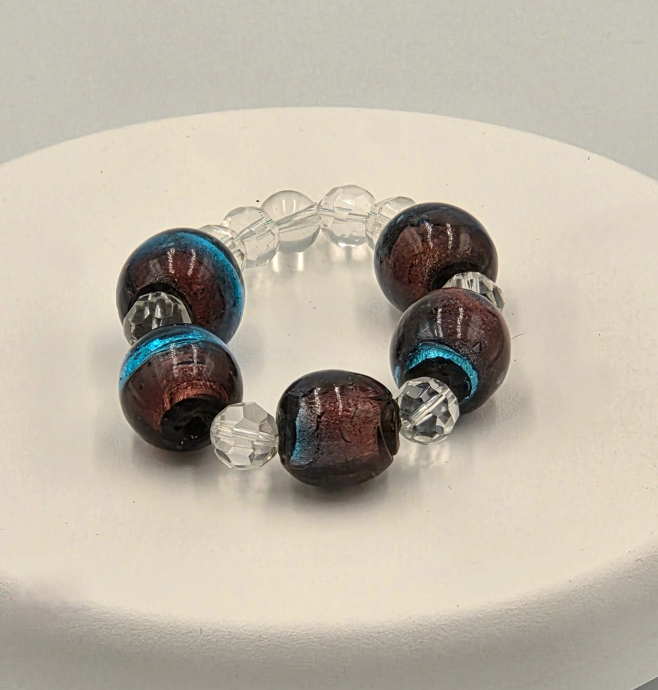 OOAK big bead bracelet with purple and blue lampwork glass and clear crystals.