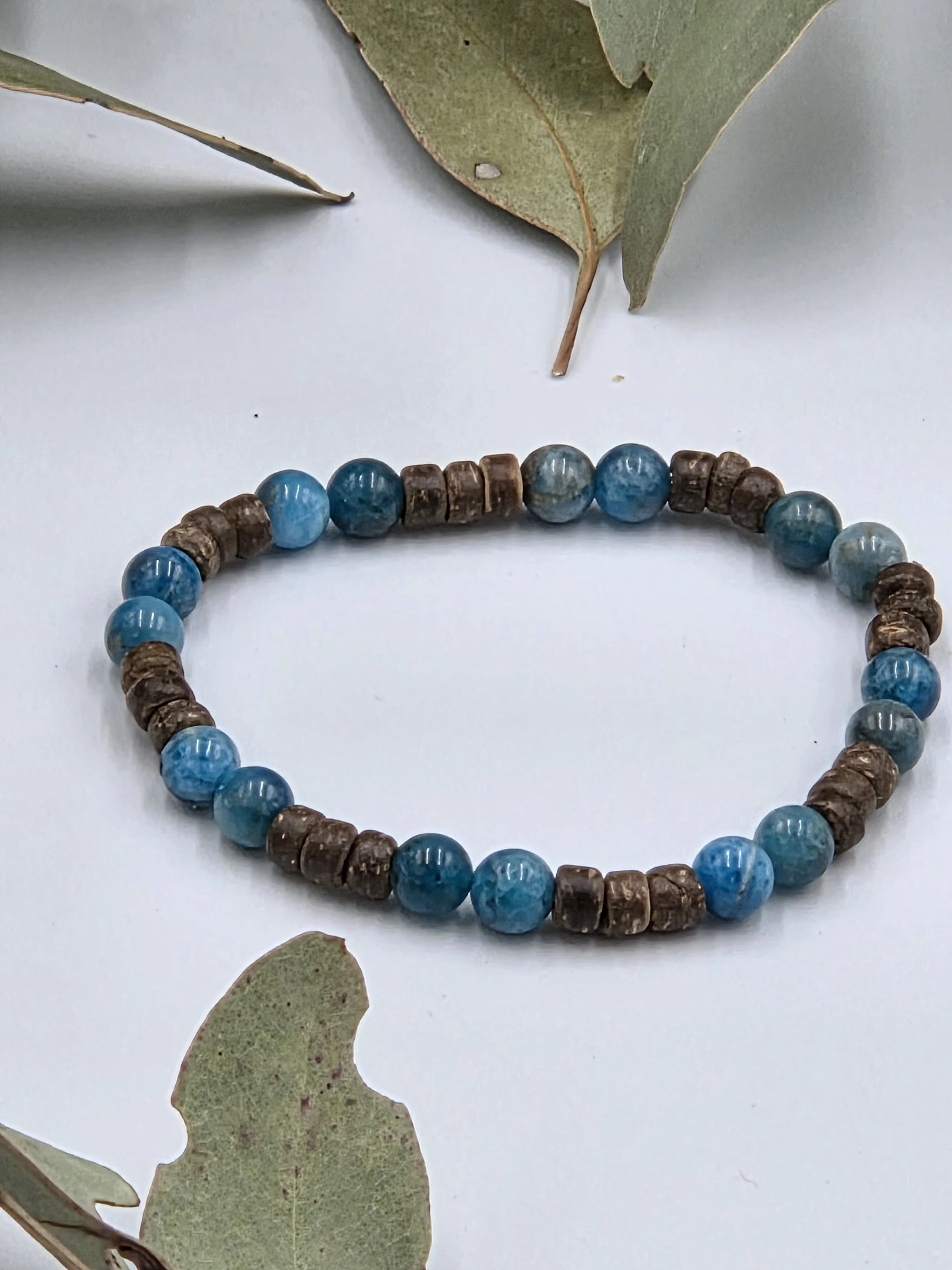 OOAK blue apatite and small brown coconut disc elastic bracelet.