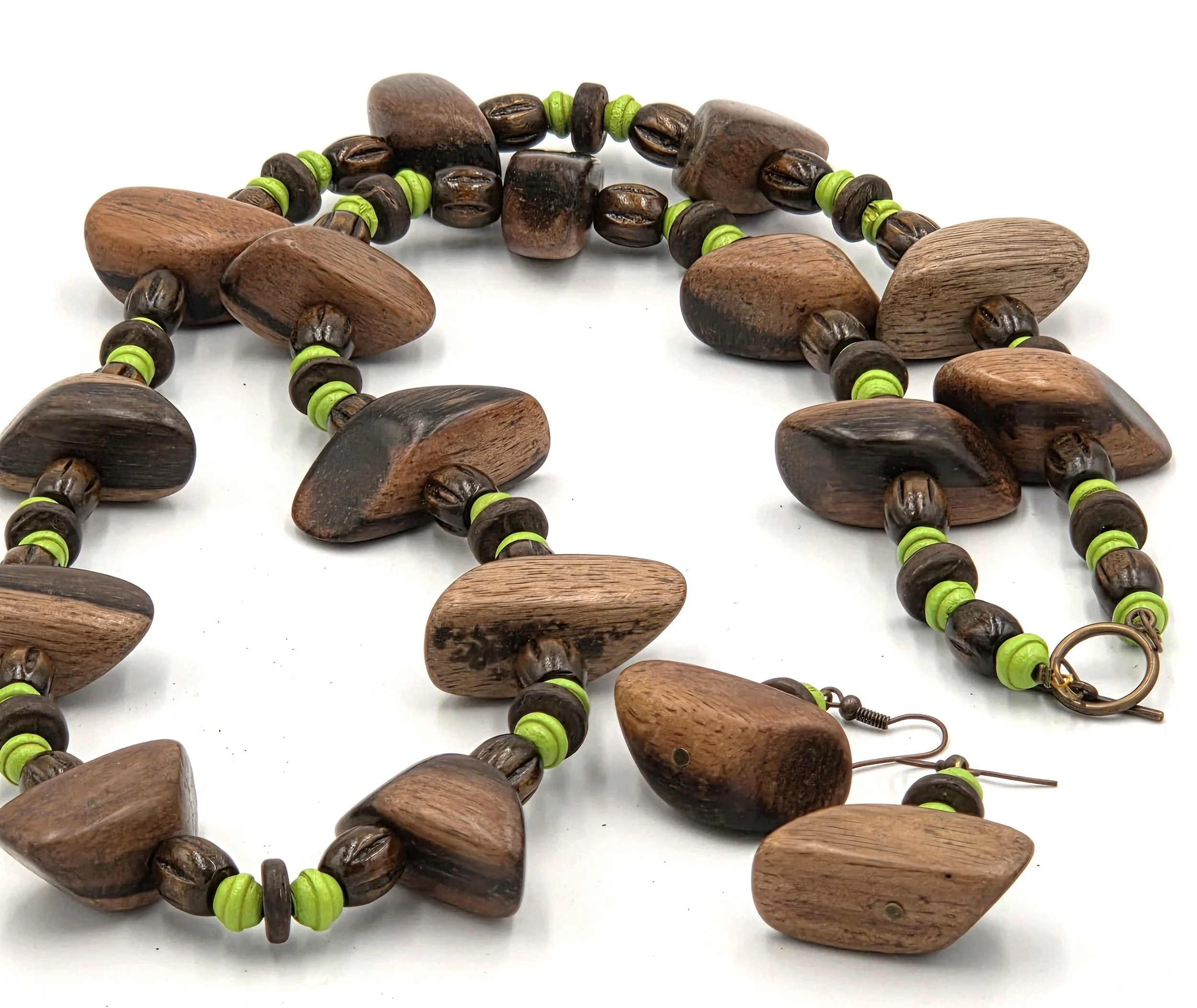 Long brown and lime green OOAK wooden bead necklace with matching nugget earrings.