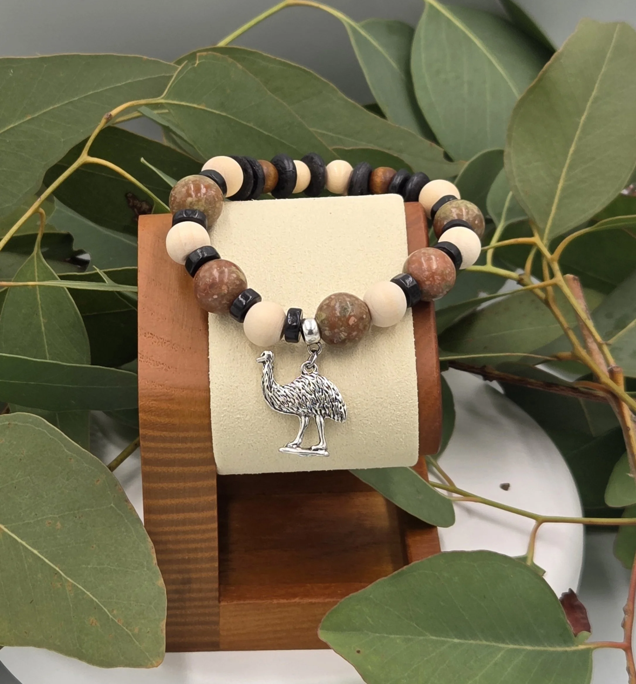 OOAK Picture Jasper and wood elastic bracelet with silver emu charm on gum leaves.