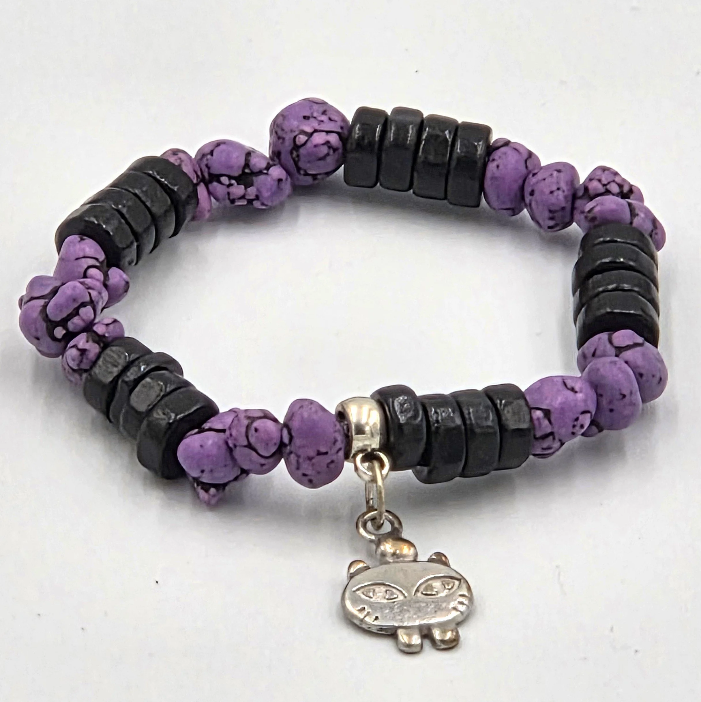 OOAK child size purple howlite and black wood disc bracelet with silver cat charm.