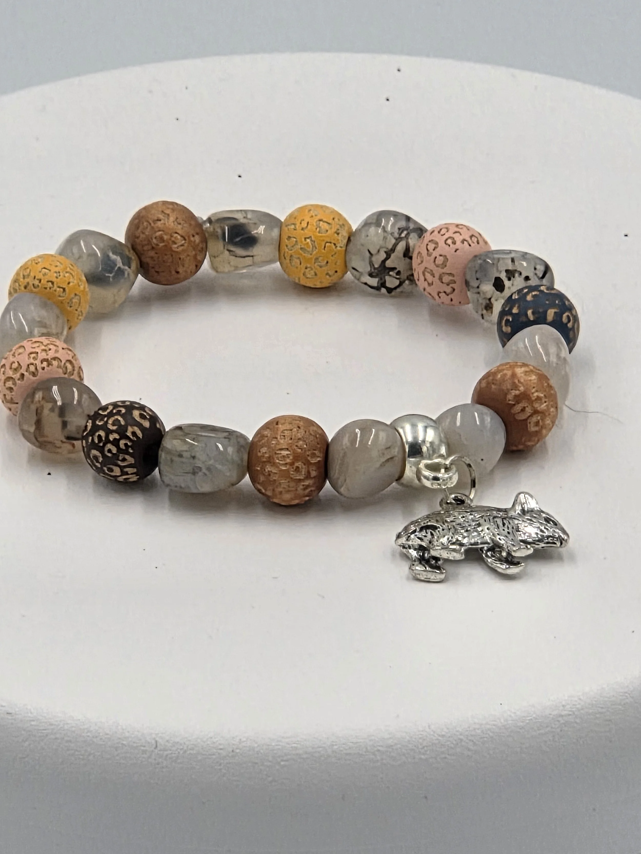 OOAK agate and leopard print wood bracelet with silver wombat charm.