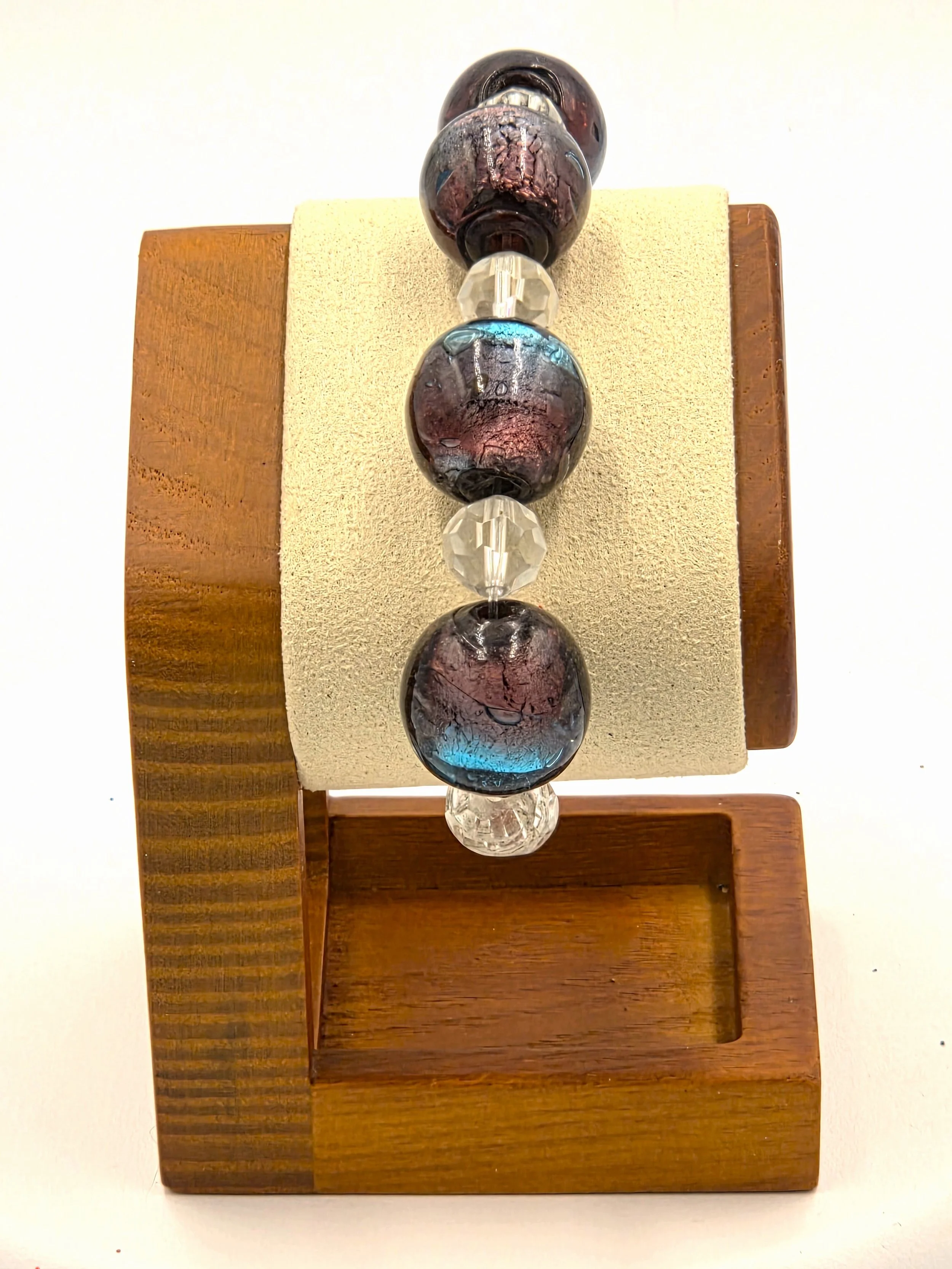 OOAK big bead bracelet with purple and blue lampwork glass and clear crystals.