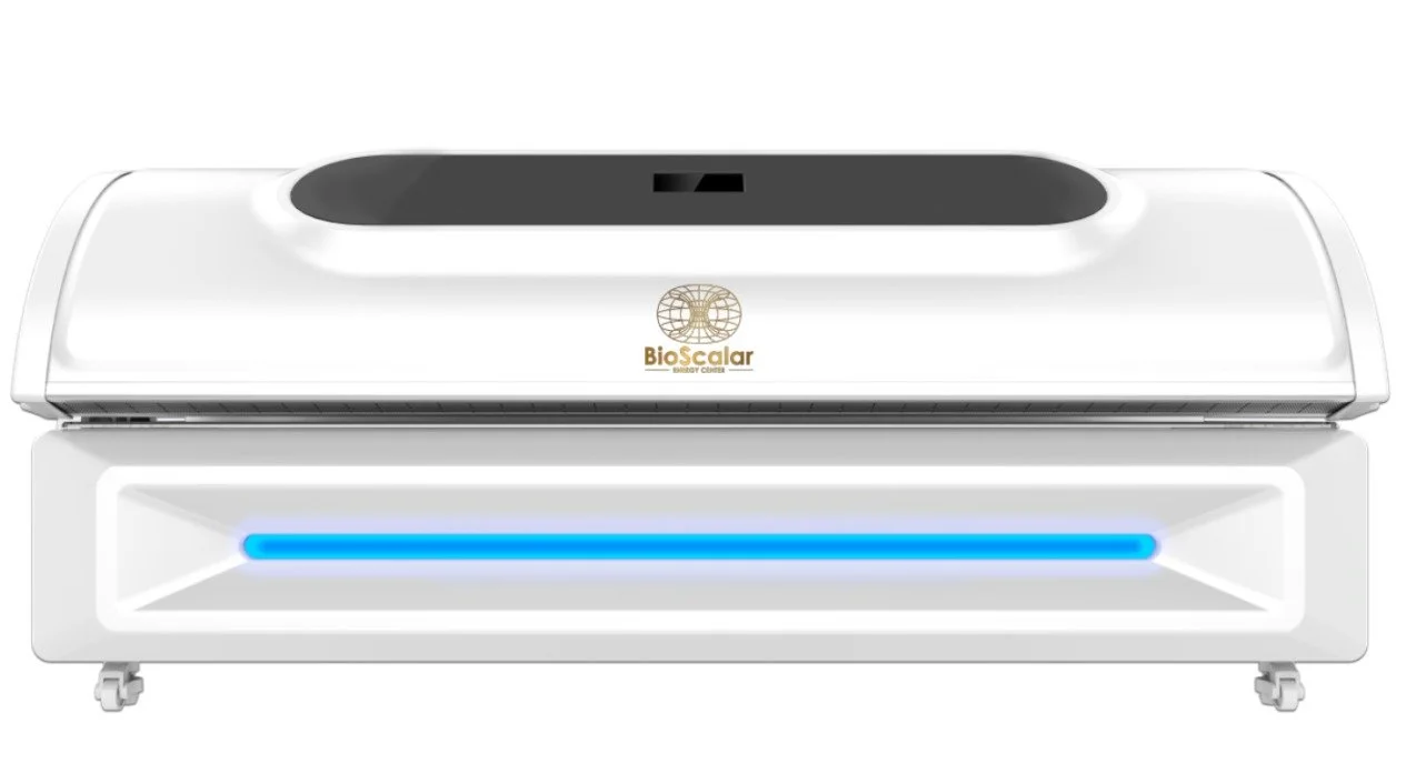 A white bio-scanning machine with a blue light in the front, labeled 'BioScalar' on the top, and mounted on small wheels.