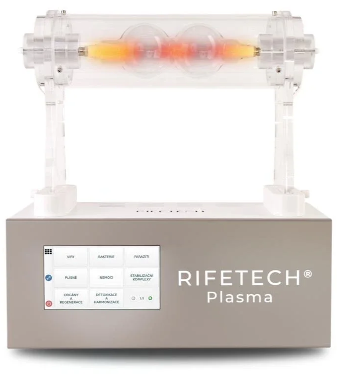 A medical device called RIFETECH Plasma with a transparent cylindrical chamber mounted on a beige base with a digital display.