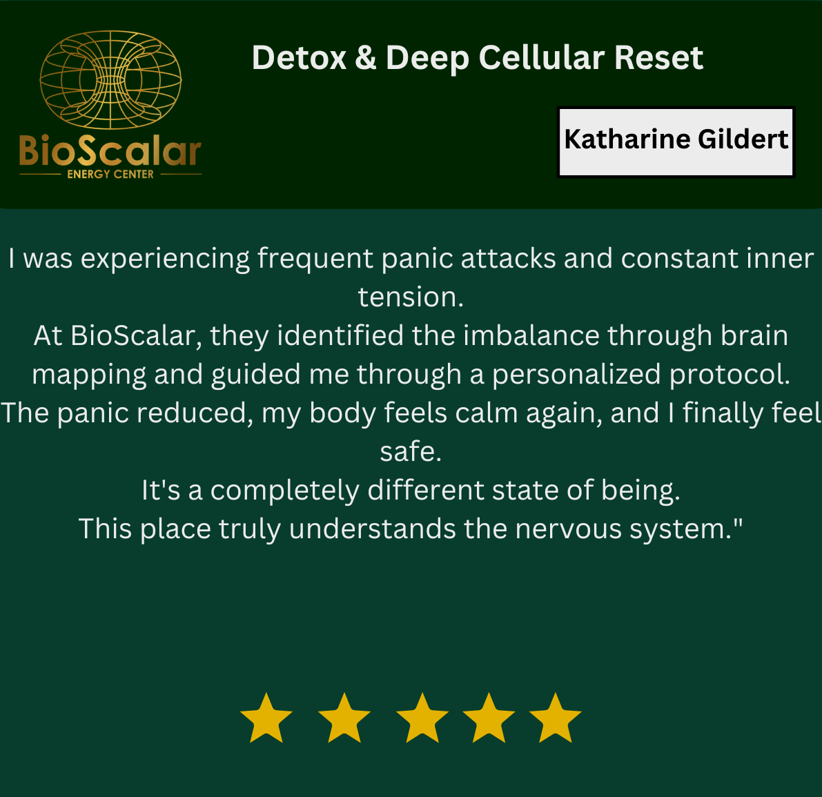 Testimonial card with a green background, BioScalar logo at the top left, and quote marks at the top right. The title 'Grief' and a paragraph describing a person's experience with the EF System for anxiety and stomach distress after their son's death. Five gold stars at the bottom.