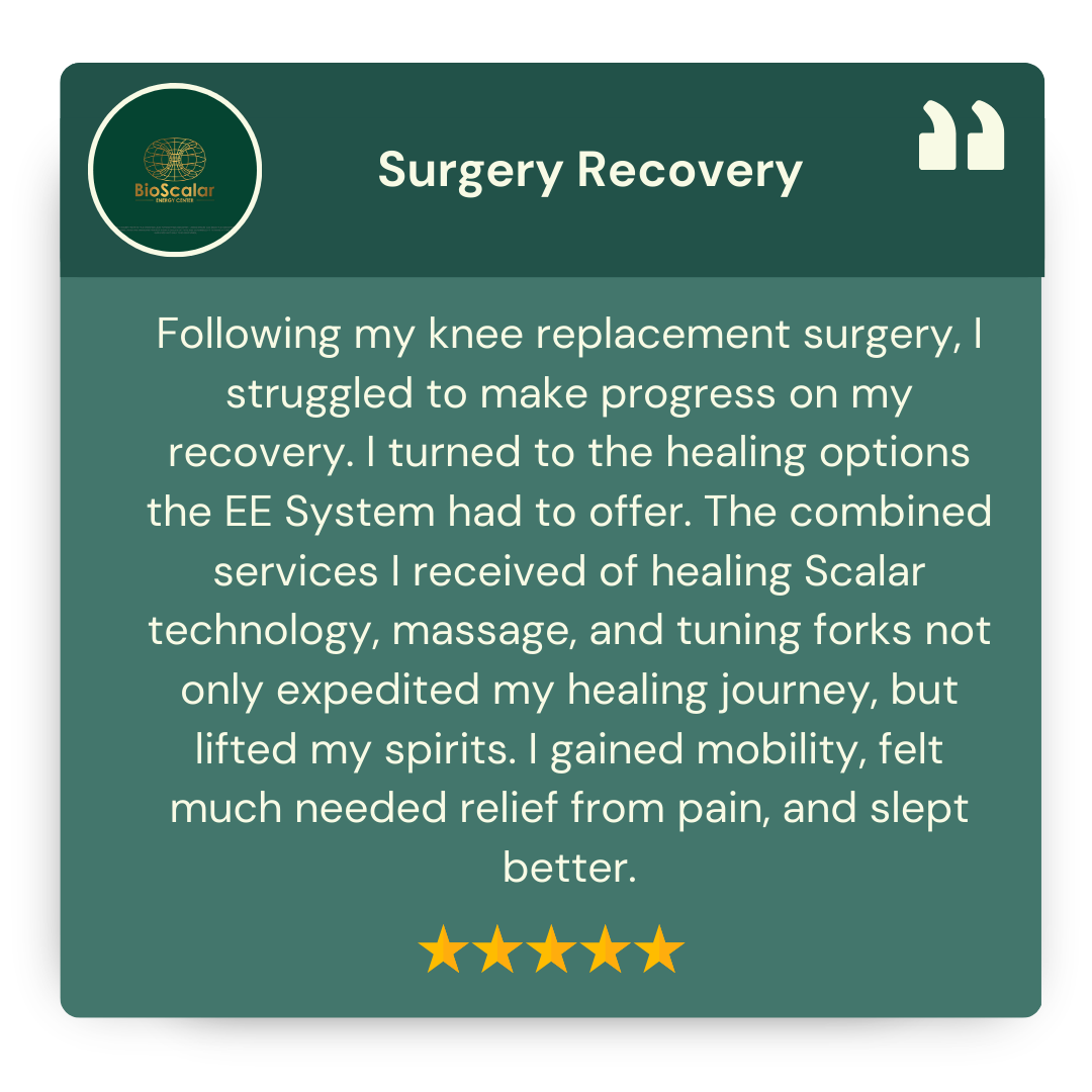 A testimonial card titled 'Surgery Recovery' with a green background. It includes a logo of BioScalar Energy Center, a quote icon, and a five-star rating. The text details a patient's positive experience with healing scalar technology after knee replacement surgery.