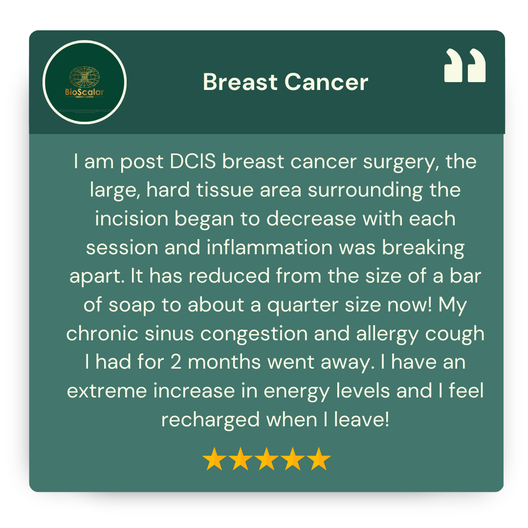 Customer testimonial for BioScalar on breast cancer recovery, with five-star rating.