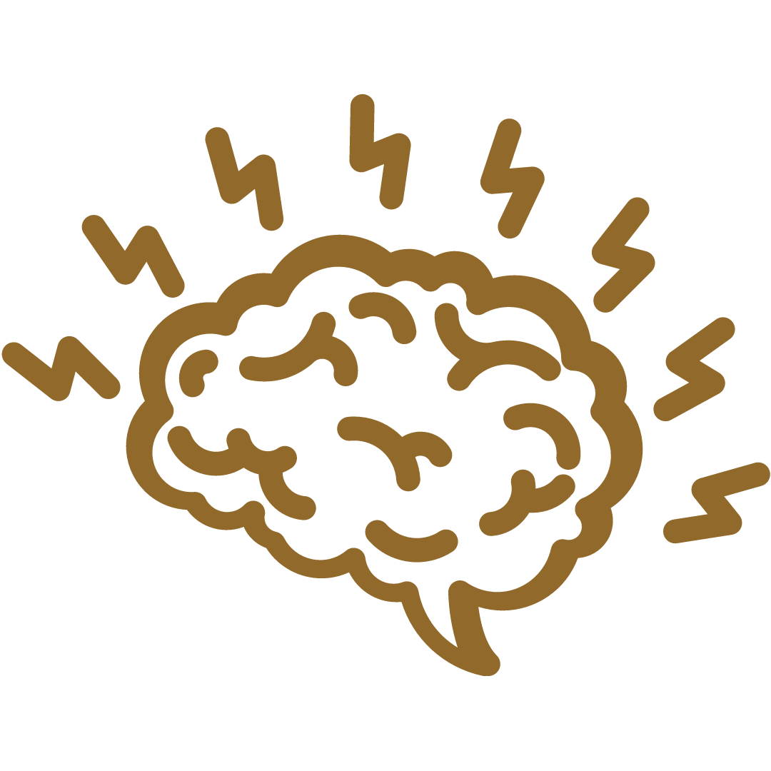 Illustration of a brain outline with lightning bolts around it, symbolizing brain activity or mental energy.