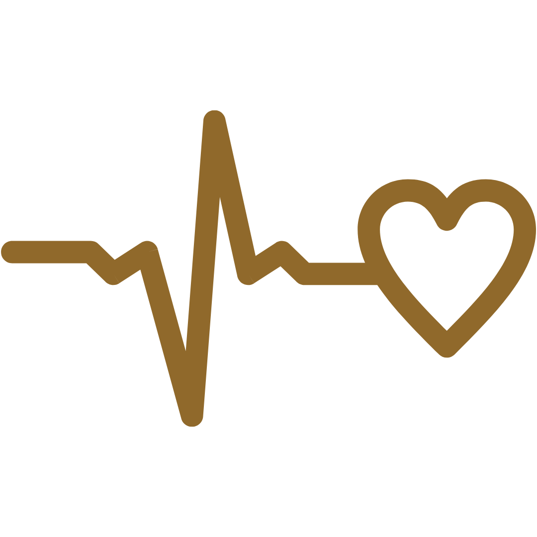 A brown line drawing of an electrocardiogram with a heart outline at the end.