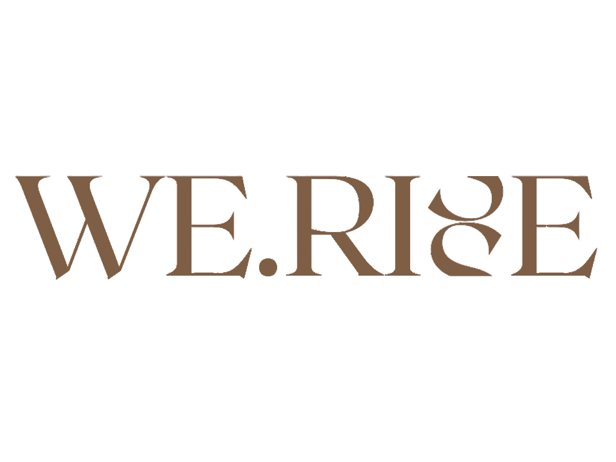 Text that reads "W.E.RISE" in large brown letters on a white background.