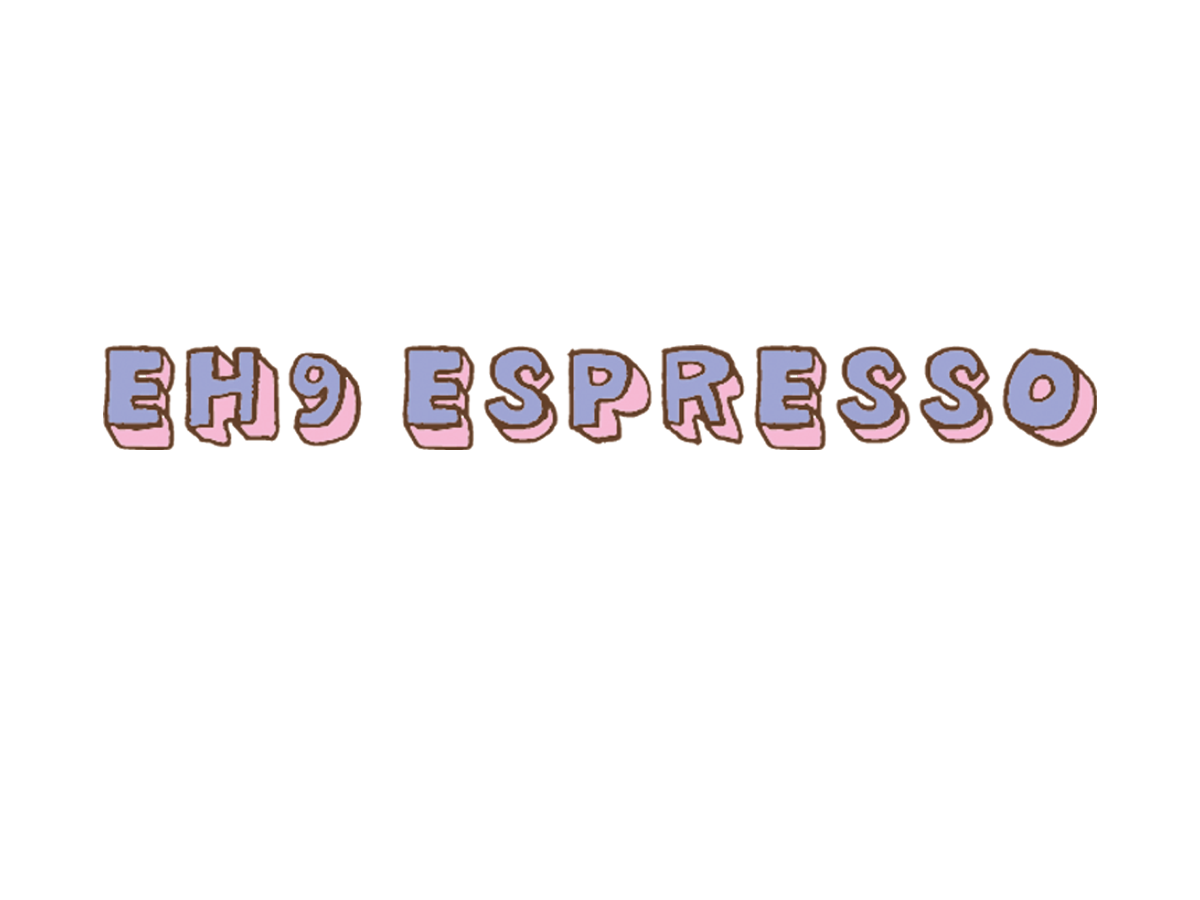 Text in colorful 3D block letters spelling 'EH9 ESPRESSO' in pastel colors on a white background.