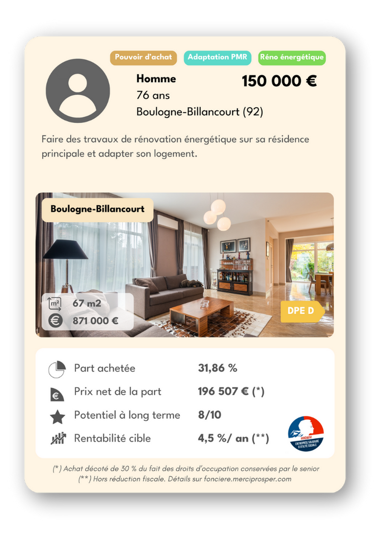 Exemple de projet financé par la Foncière Prosper : un homme de 76 ans à Boulogne-Billancourt, travaux de rénovation et d'adaptation