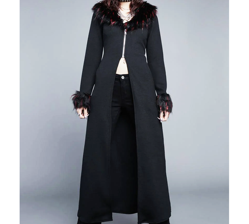 black knit with red/black faux fur duster