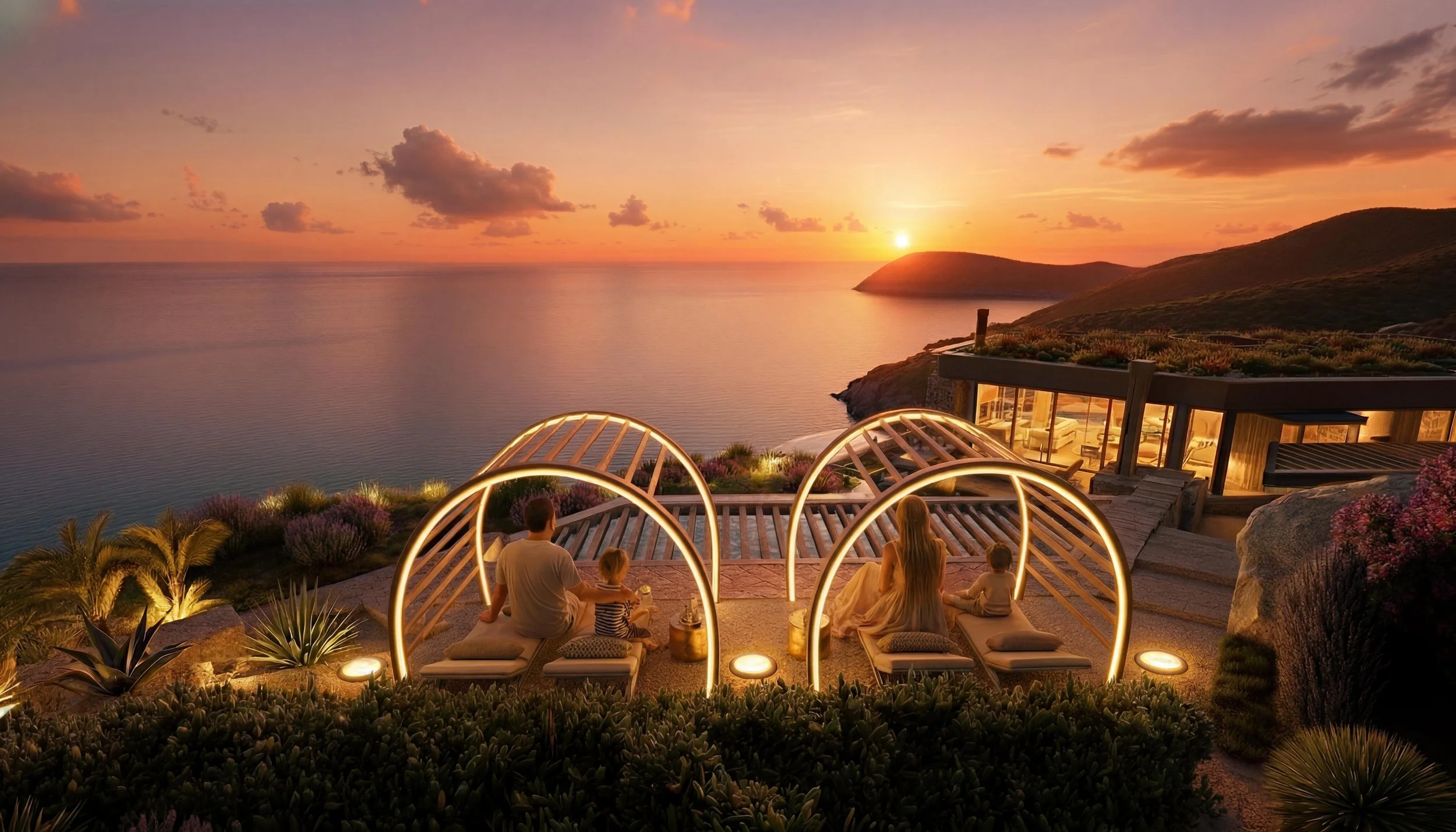 Upper pergola sunset view toward the sea