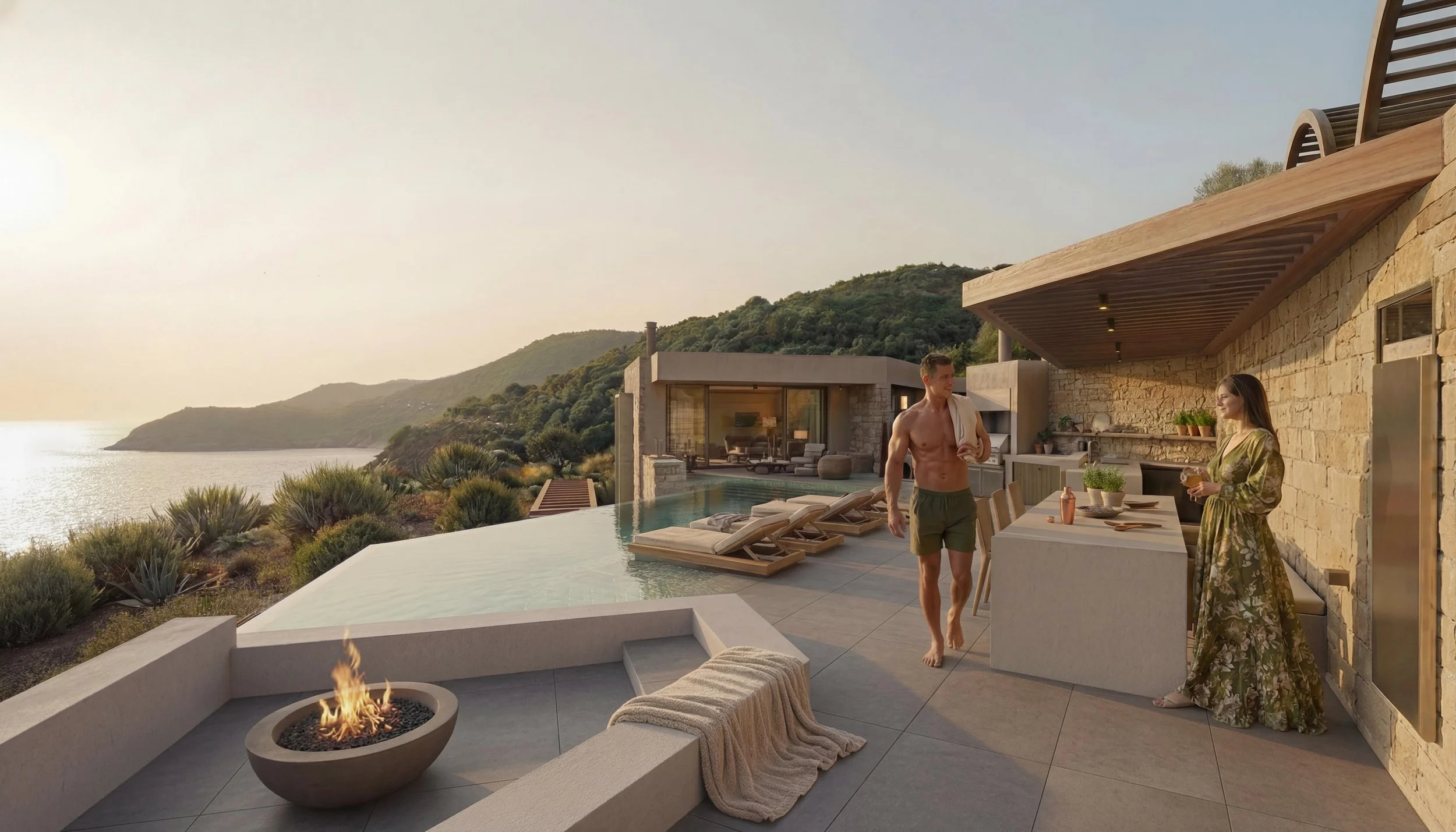 Outdoor lounge and pool with sea view