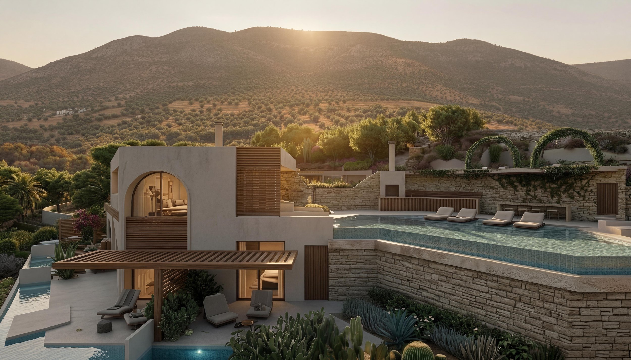 Side view with pool at sunset