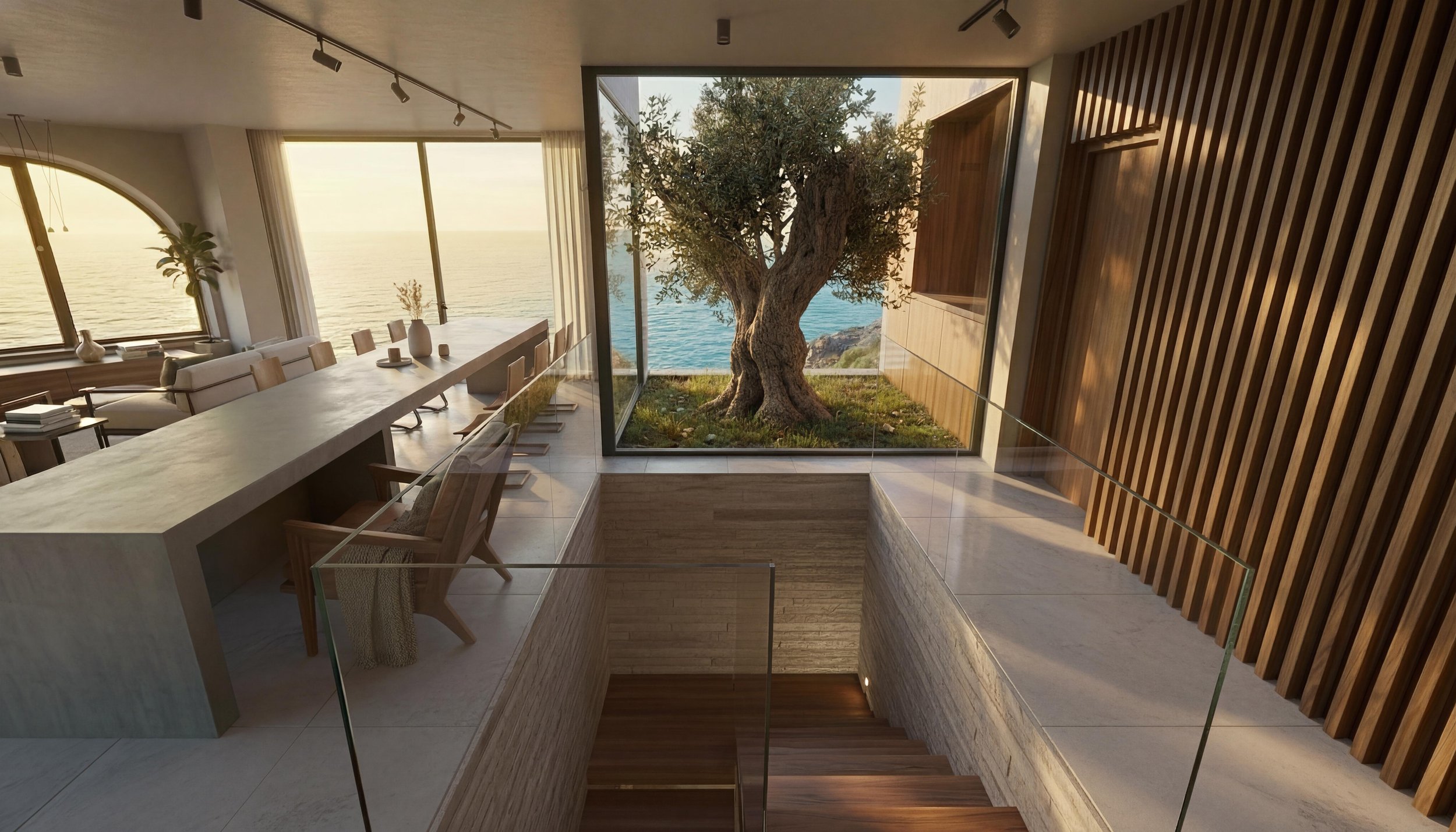Interior staircase with olive tree and sea view