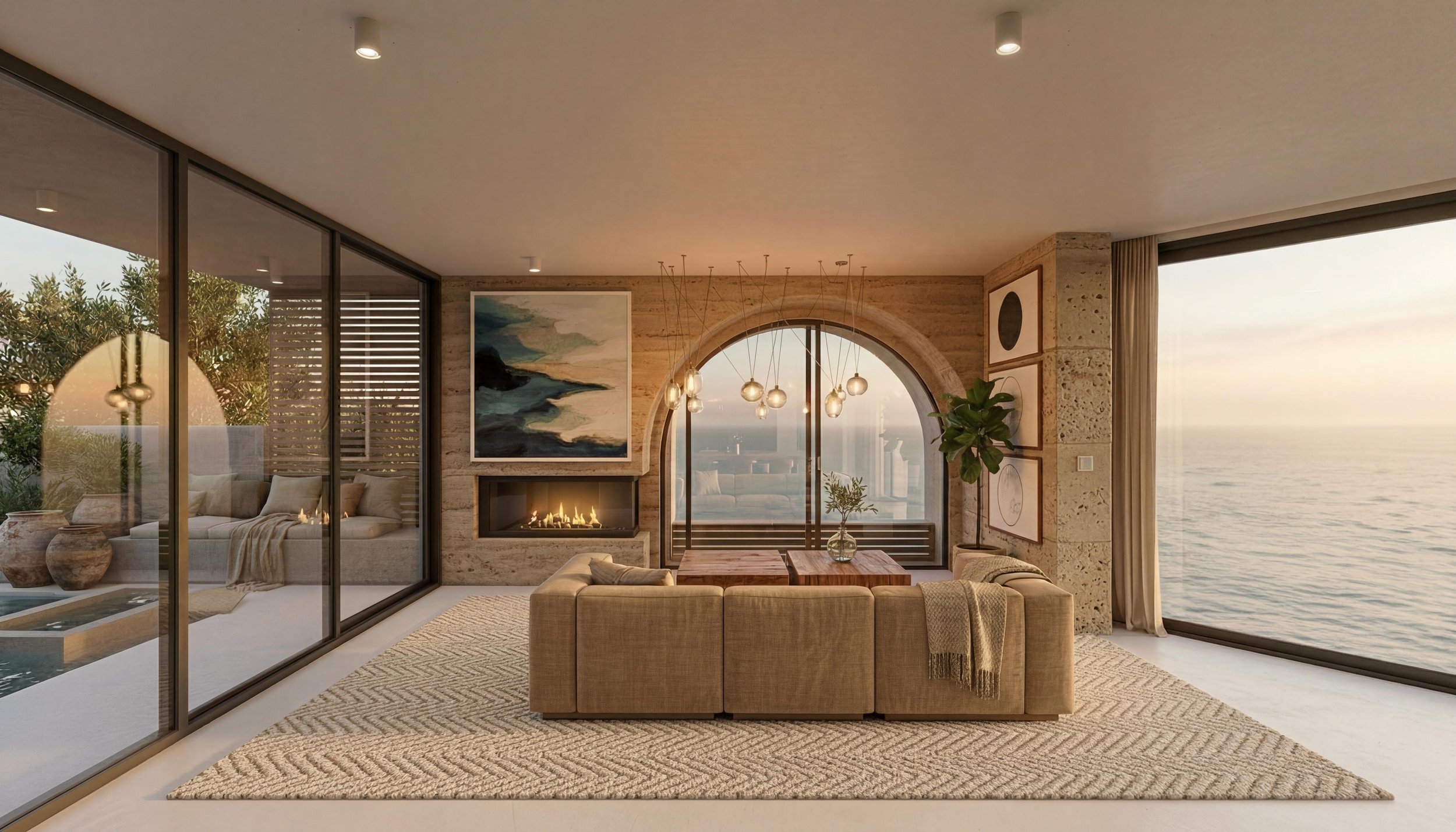 Living room with sea view and fireplace