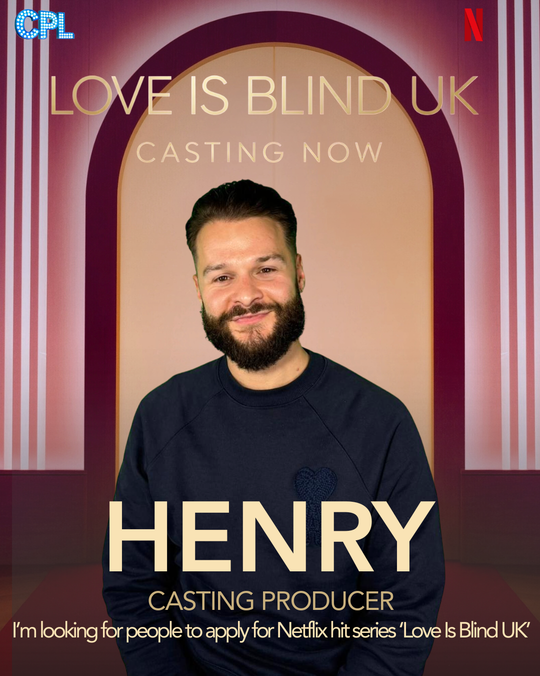 Poster for Netflix's 'Love Is Blind UK' casting, featuring Harry, a casting producer, smiling in front of a retro-style pink and beige background with vertical stripes and arch design.