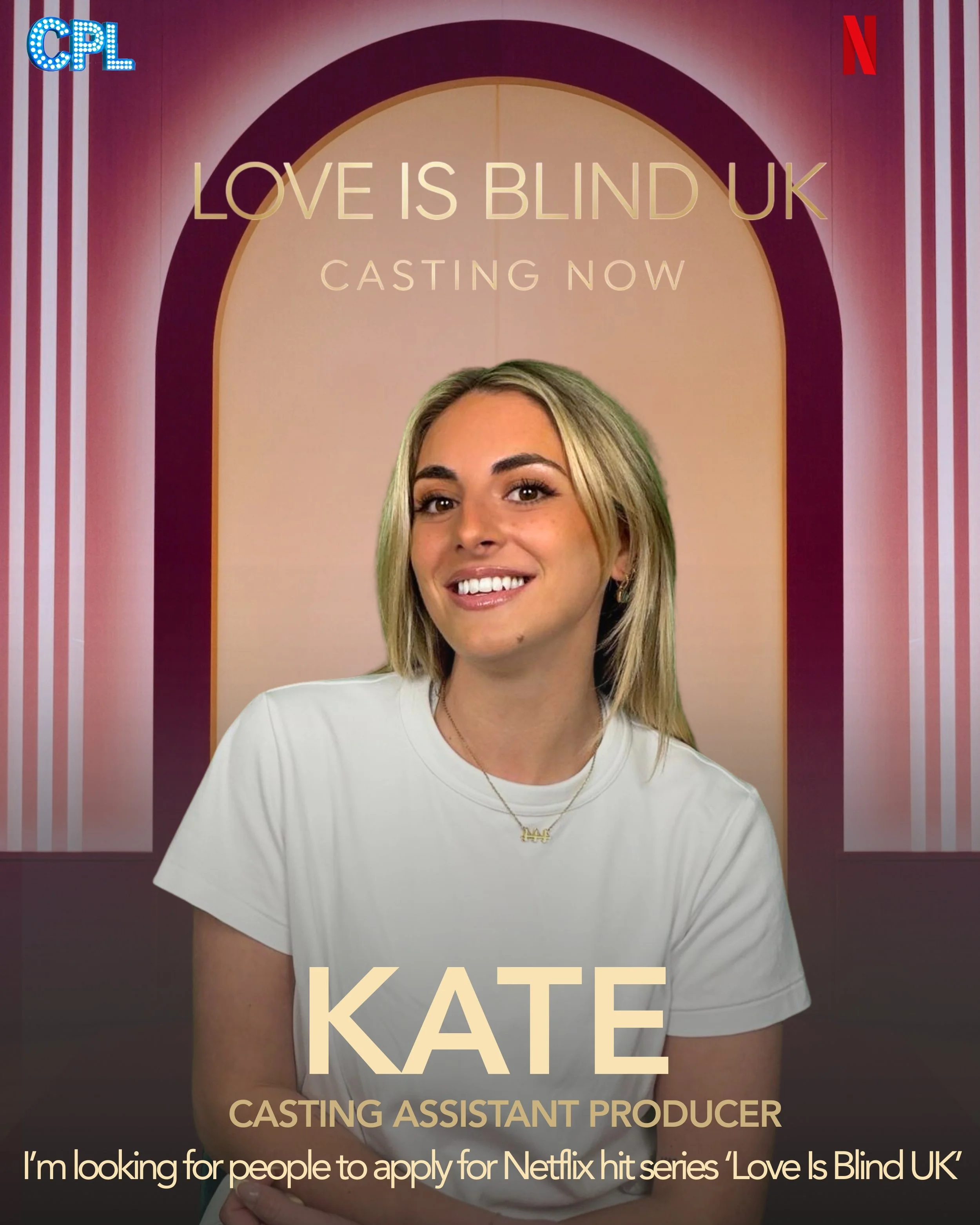 Image of Kate, a casting assistant producer, smiling in front of a promotional backdrop for the Netflix series 'Love Is Blind UK' with the text 'Love Is Blind UK Casting Now'.