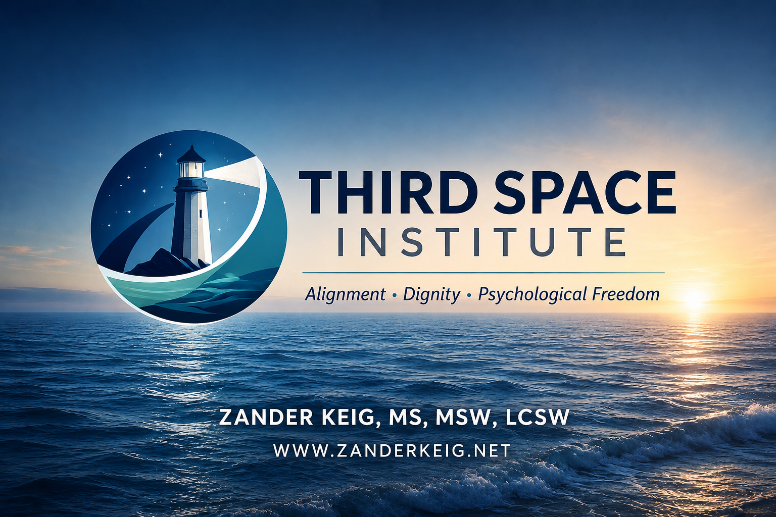 Logo of Third Space Institute featuring a lighthouse with stars and ocean waves, with text emphasizing alignment, dignity, and psychological freedom by Zander Keig, MS, MSW, LCSW.