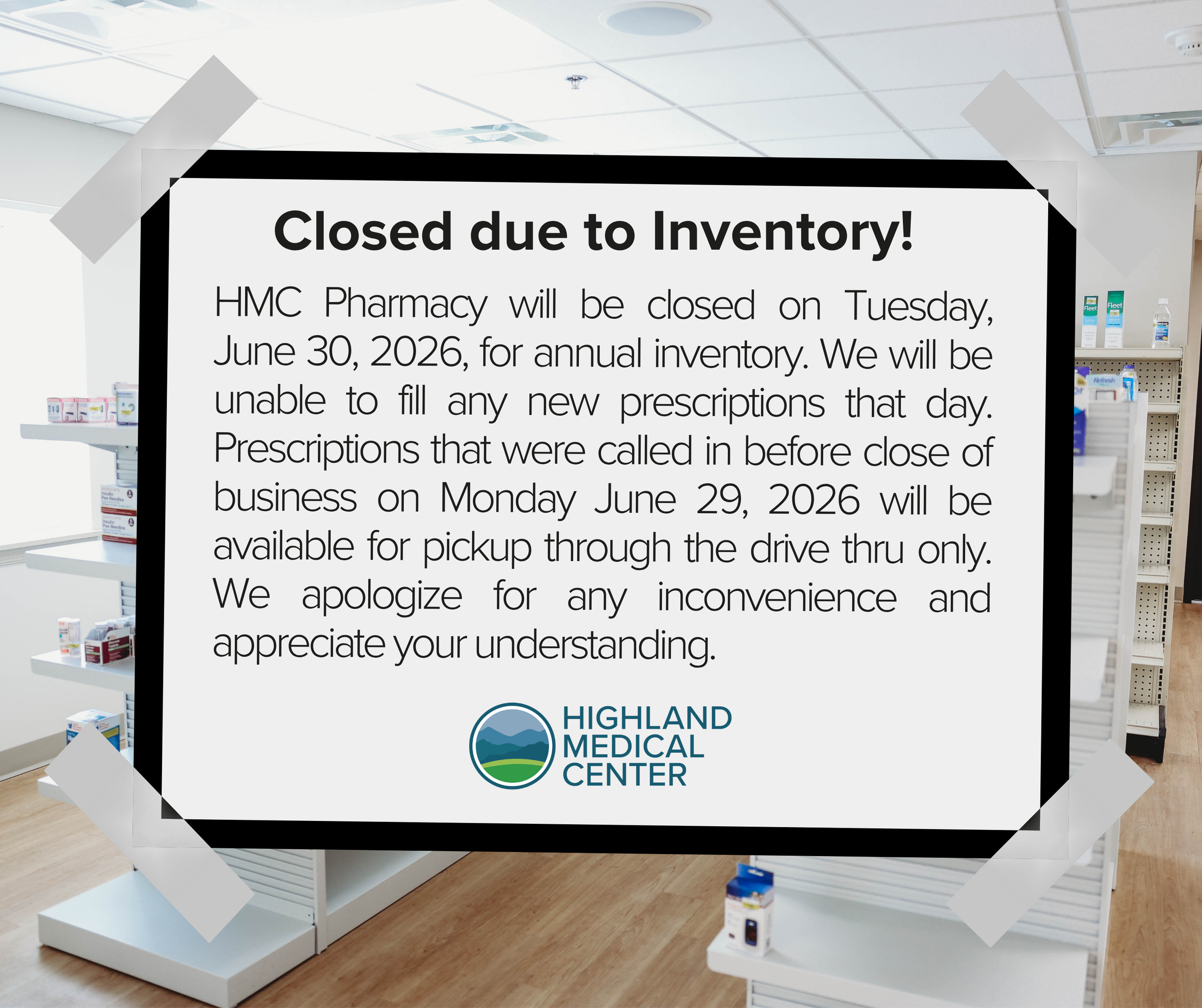 Pharmacy closed June 30th, 2026