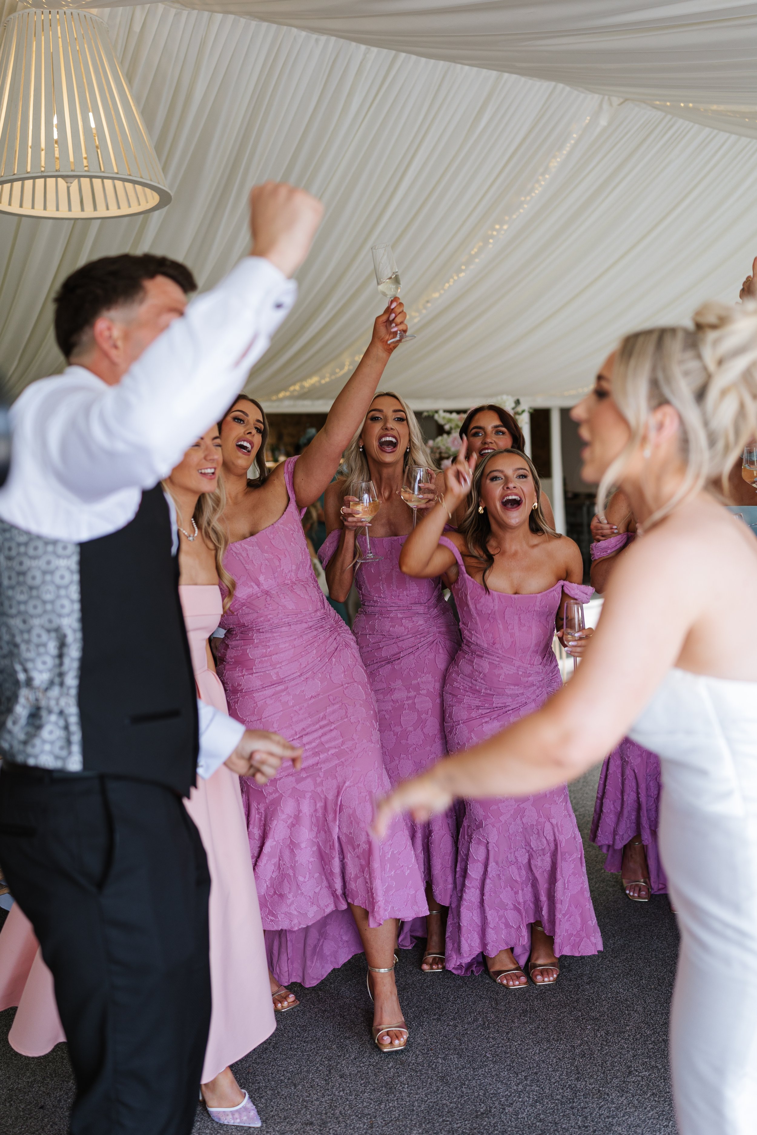 A group of women in purple dresses celebrating at a wedding party, holding wine glasses, with a woman in a white dress on the right.