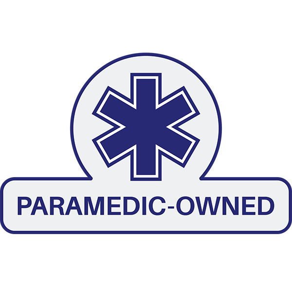 A logo with a blue six-pointed star-of-life symbol above the words "PARAMEDIC-OWNED" in blue text on a white background.