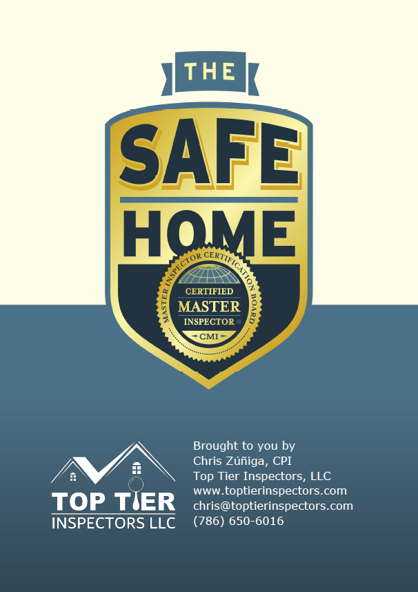 Logo for The Safe Home with Master Inspector certification badge, includes Top Tier Inspectors LLC contact information.