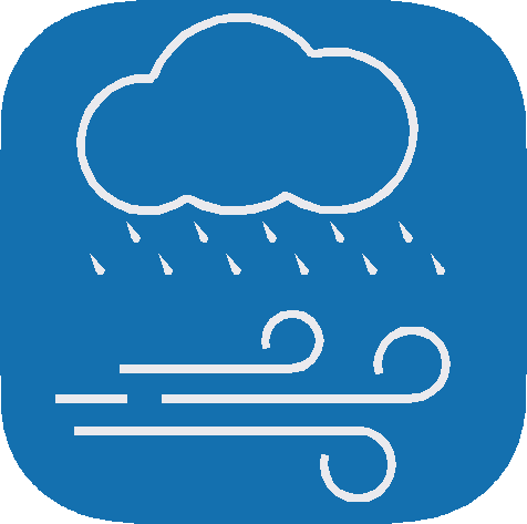 A digital image of a rain cloud, rain and swirled lines representing wind.