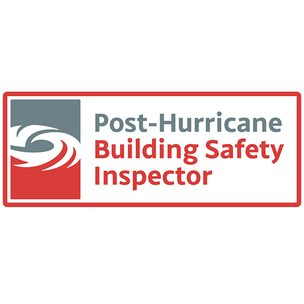 Sign reading 'Post-Hurricane Building Safety Inspector' with a logo of a hurricane symbol in gray and white, and a red section at the bottom.