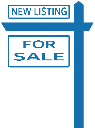 Signpost with a blue border and text reading 'New Listing' and 'For Sale' in blue, indicating a property for sale.
