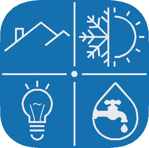 A digital graphic split into quarters representing the four major systems of a home. A roof line, a split snowflake and sun representing heating and cooling, a lightbulb for electrical, and a spigot inside a water drop representing plumbing.