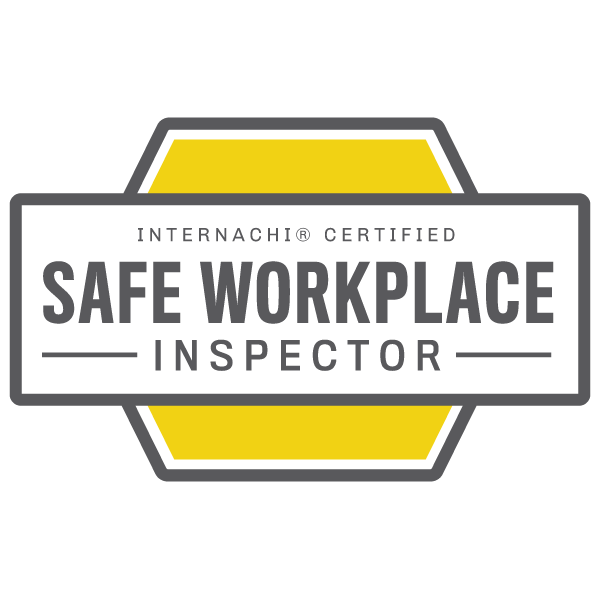 A badge that reads 'INTERNACHI CERTIFIED SAFE WORKPLACE INSPECTOR' with yellow, gray, and black design elements.