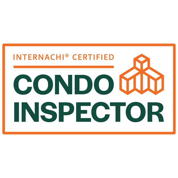 Certification badge for Condo Inspector, Internachi certified, featuring orange and green text and geometric logo.