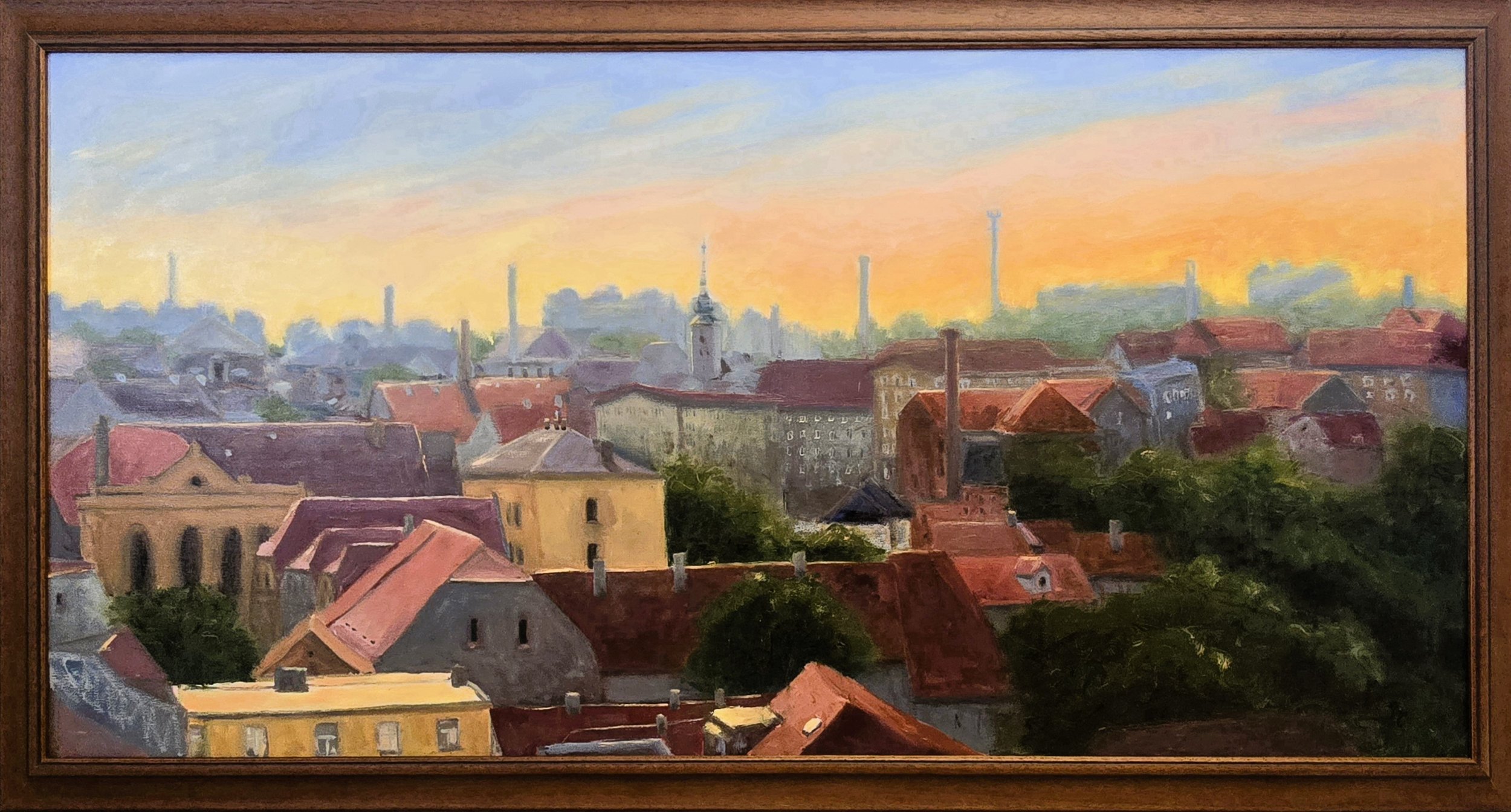 Ranní světlo nad Žatcem, 2026, ojel na plátně, 140 x 70 cm, dřevěný rám. Dílo je součástí umělecké sbírky města Žatec a je trvale umístěno v reprezentativních prostorách radnice.