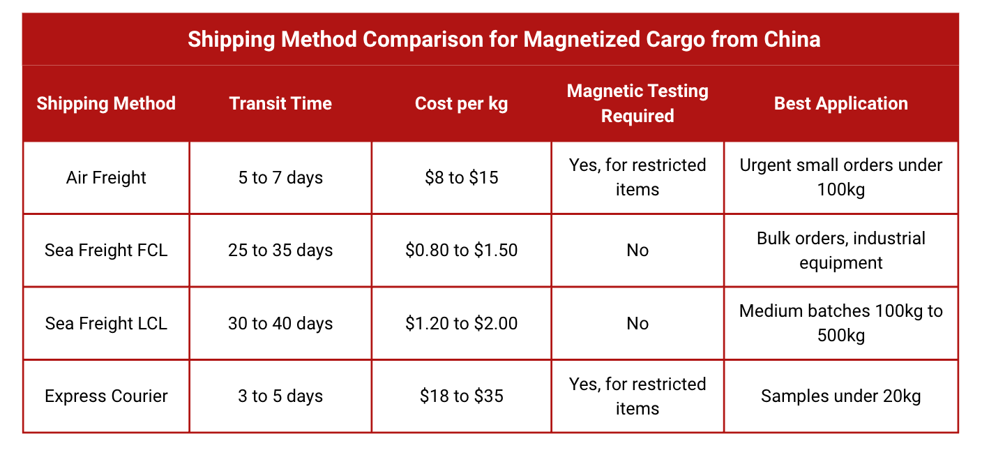 Comparison table of air freight, sea freight FCL, sea freight LCL, and express courier for magnetized goods from China, showing transit times, cost per kilogram, magnetic testing requirements, and best use cases