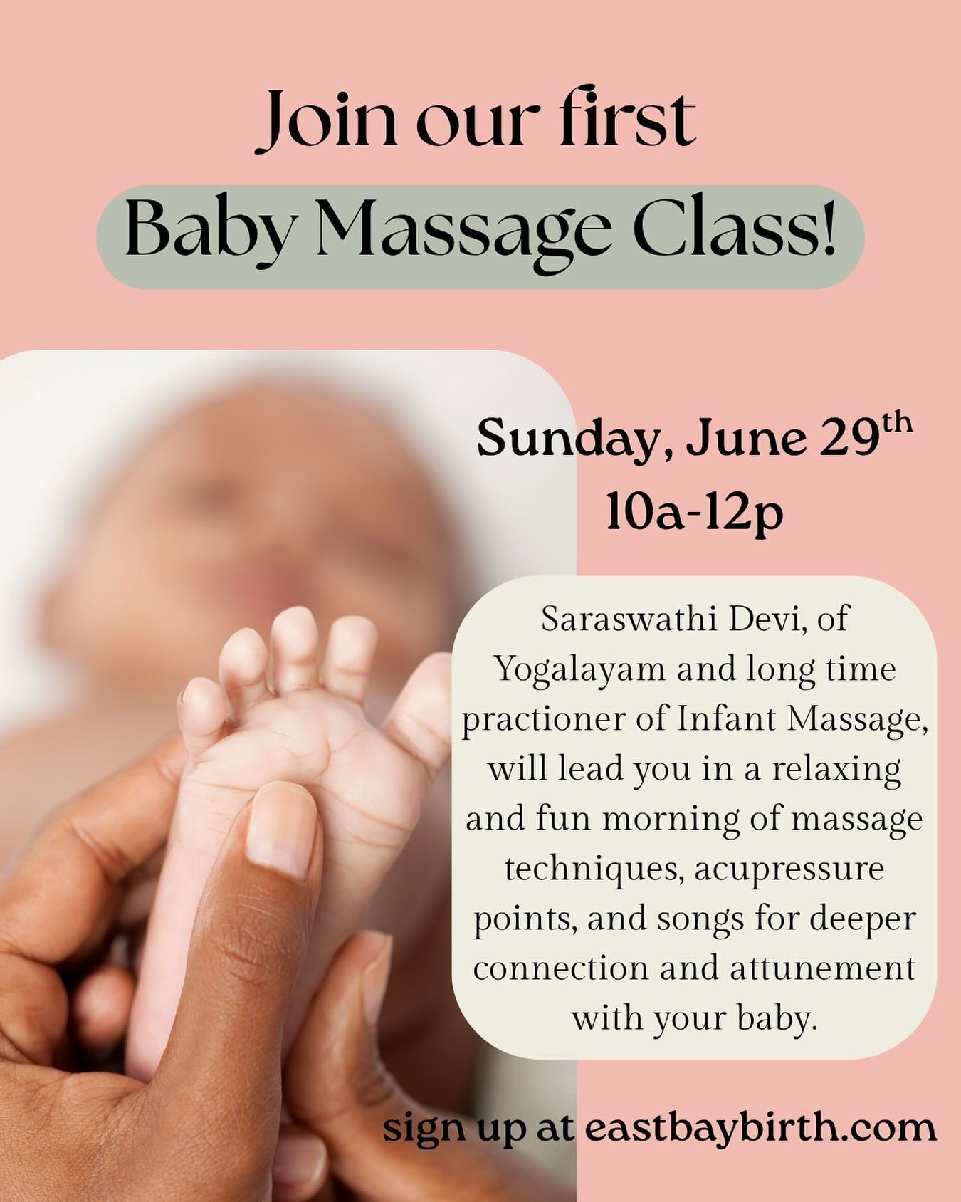 Baby Massage is a wonderful and supportive practice for you and your baby! Saraswathi Devi will lead you in massage, acupressure points and songs for greater connection and support for the whole family by attuning to baby ❤️ register on our website!