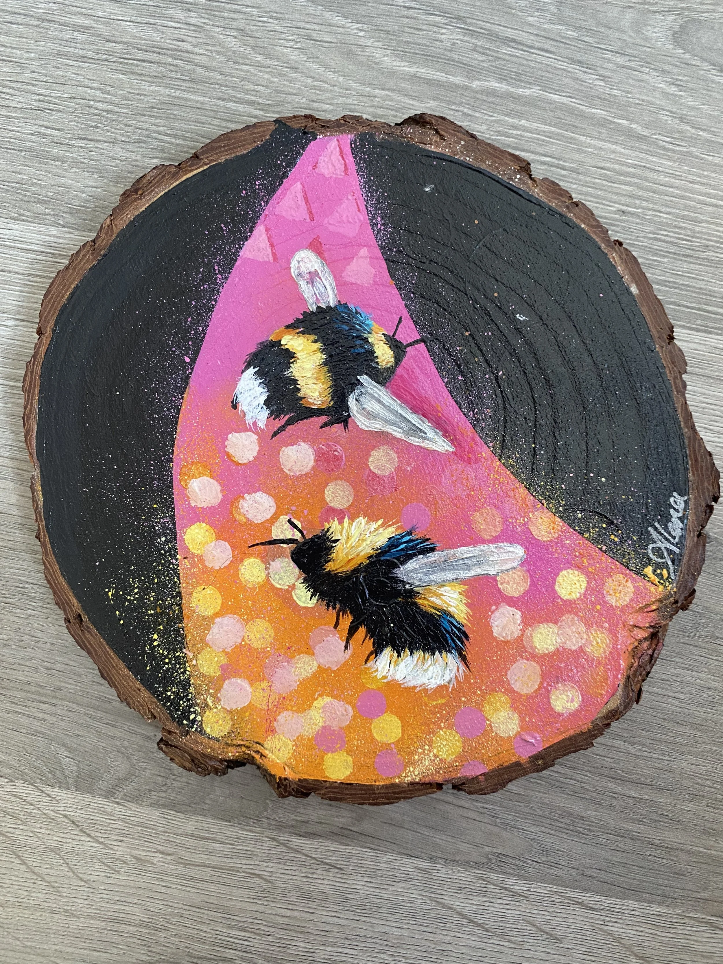 Disco Bee 4 , Hanging Wood Slice Painting