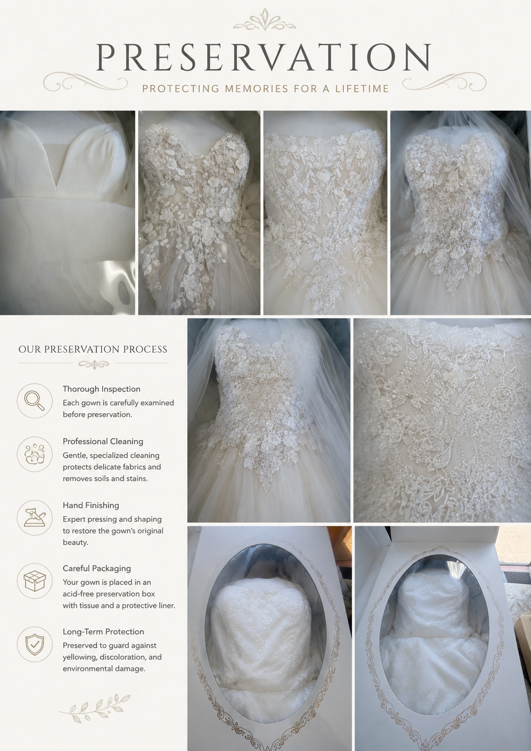 Wedding gown preservation and bridal dress cleaning collage.