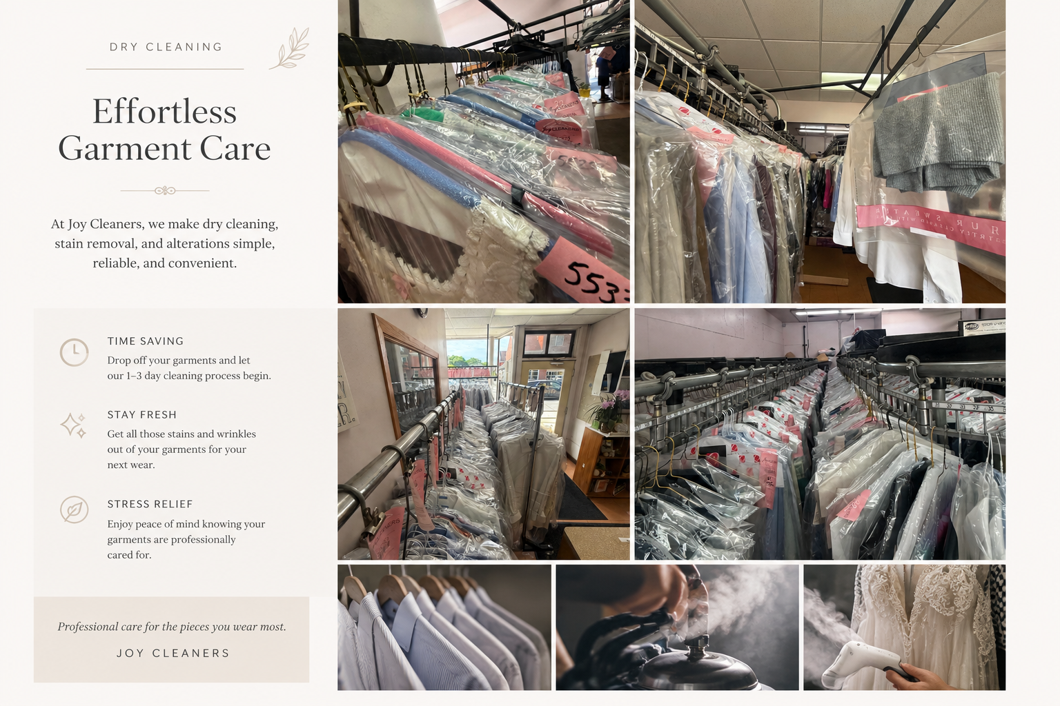 Professional dry cleaning and garment care services at Joy Cleaners including pressing, steaming, and clothing care.
