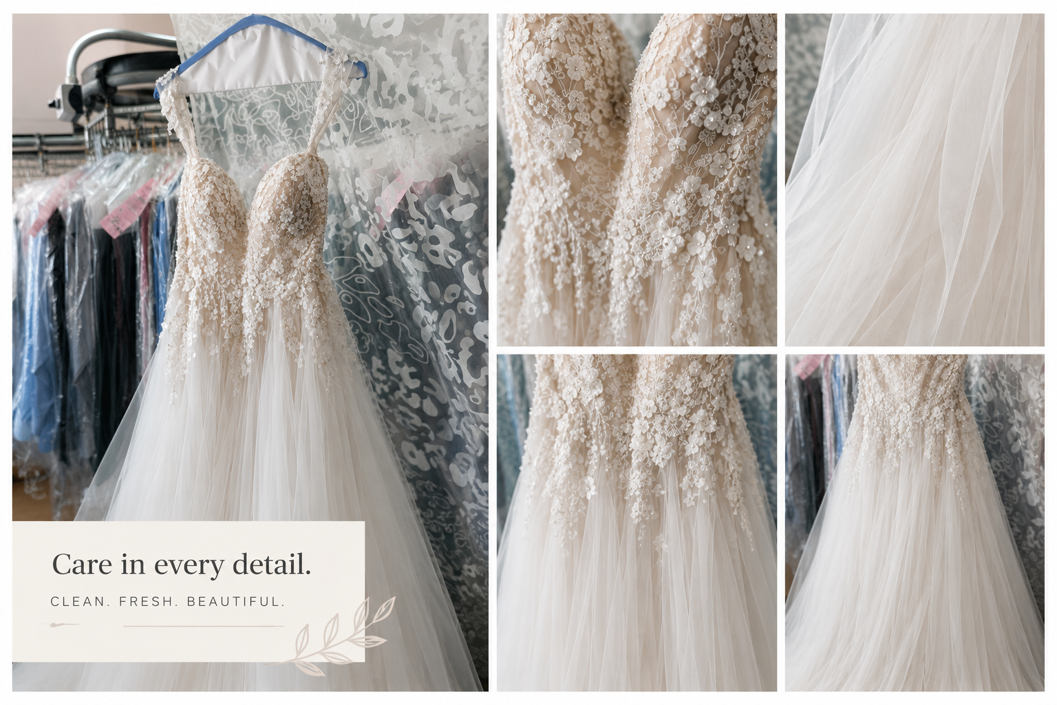 Wedding gown care and bridal dress cleaning details.