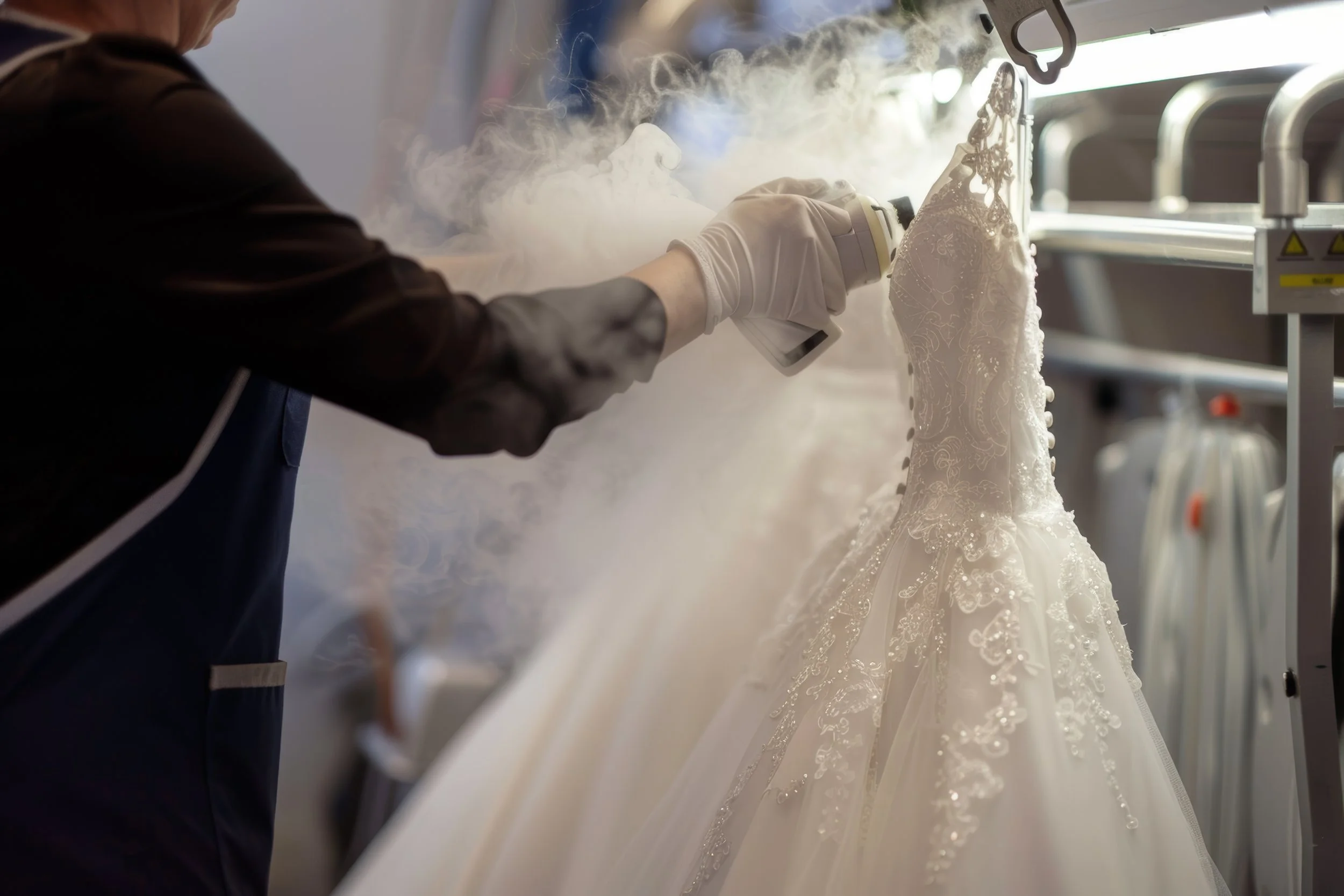 Person steaming a white wedding dress with intricate lace details.