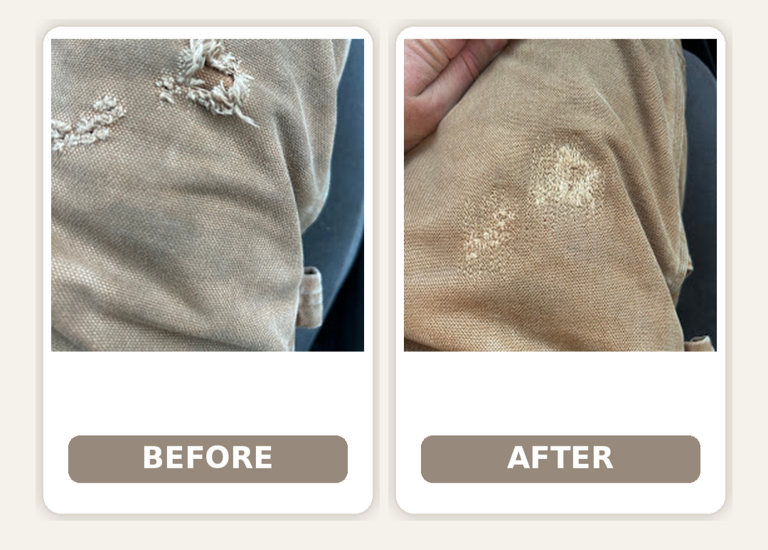Before and after clothing repairs and alteration results.